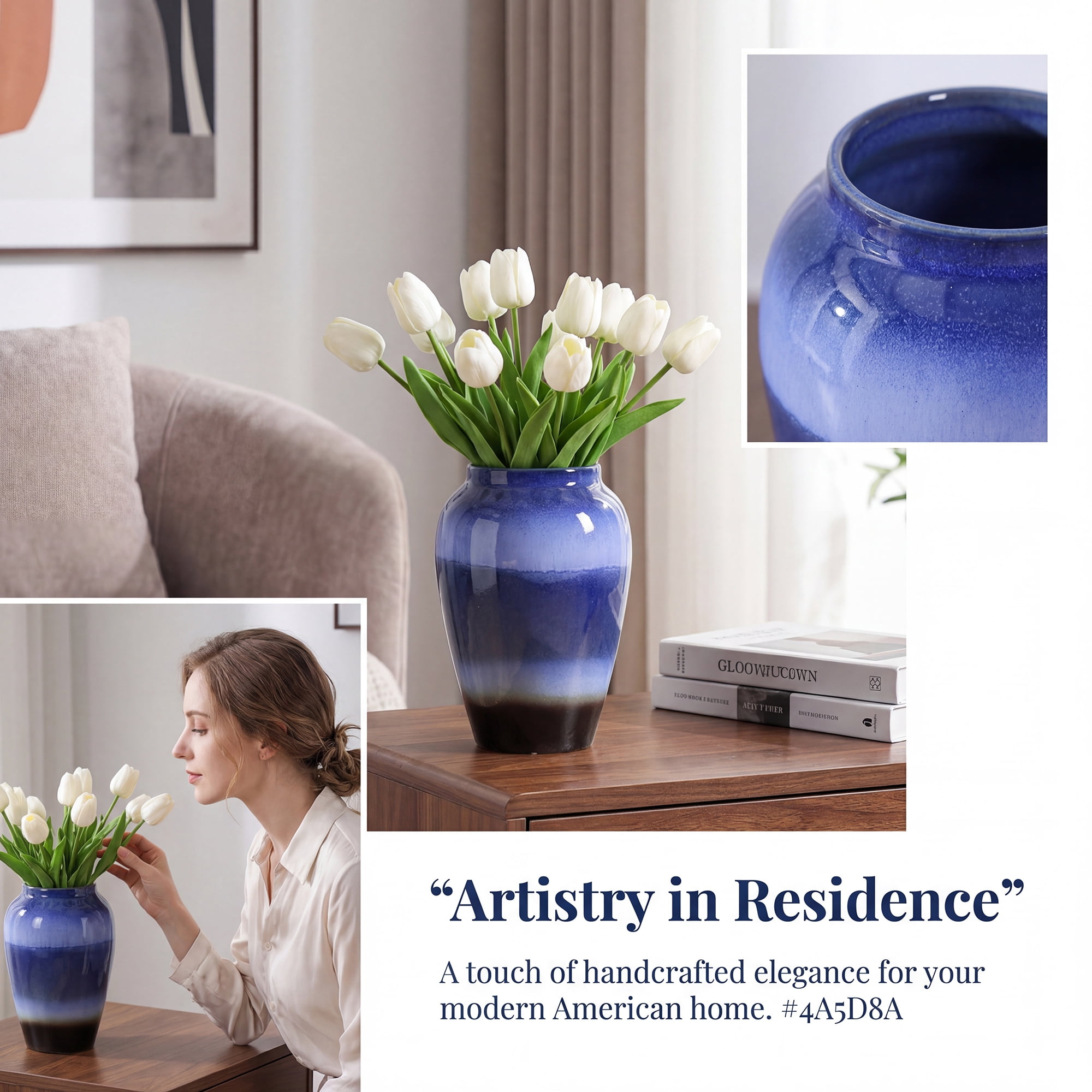 Unique Bargains Modern Flower Vase Matte Ribbed Opening Decorative Retro Round Bottle Blue