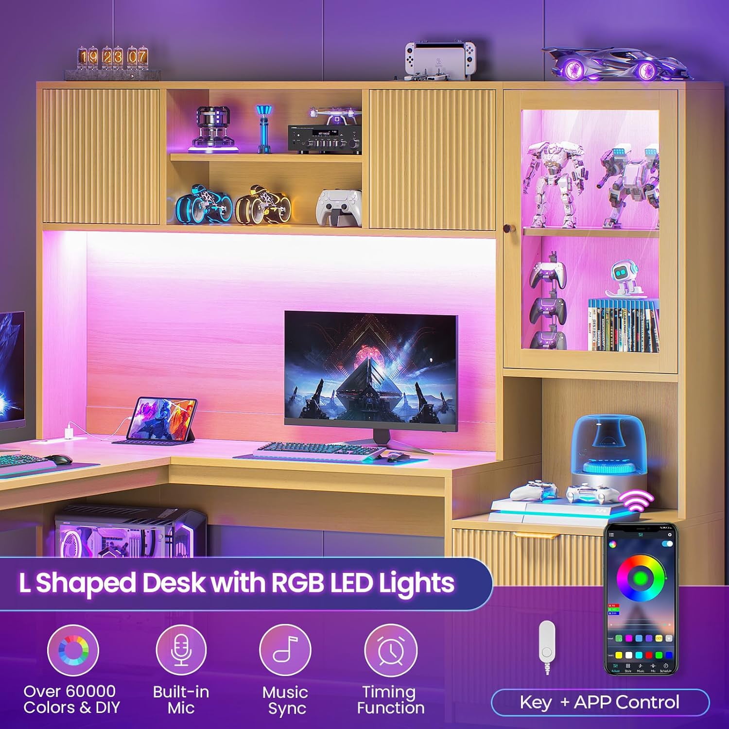 SEDETA 67" L Shaped Desk with Hutch, Corner Home Office Desk with Power Outlets, Fluted Computer Desk with File Drawer, Storage Cabinet & Glass Display Cabinet for Bedroom, Gaming Desk, Oak