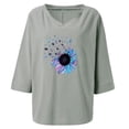 thumbnail image 5 of IROINNID Reduced Womens Plus Size Tops Sunflower Printed T-shirt Cotton Hemp 3/4 Sleeves Blouse Round Neck Lounge Tops,Gray, 5 of 5