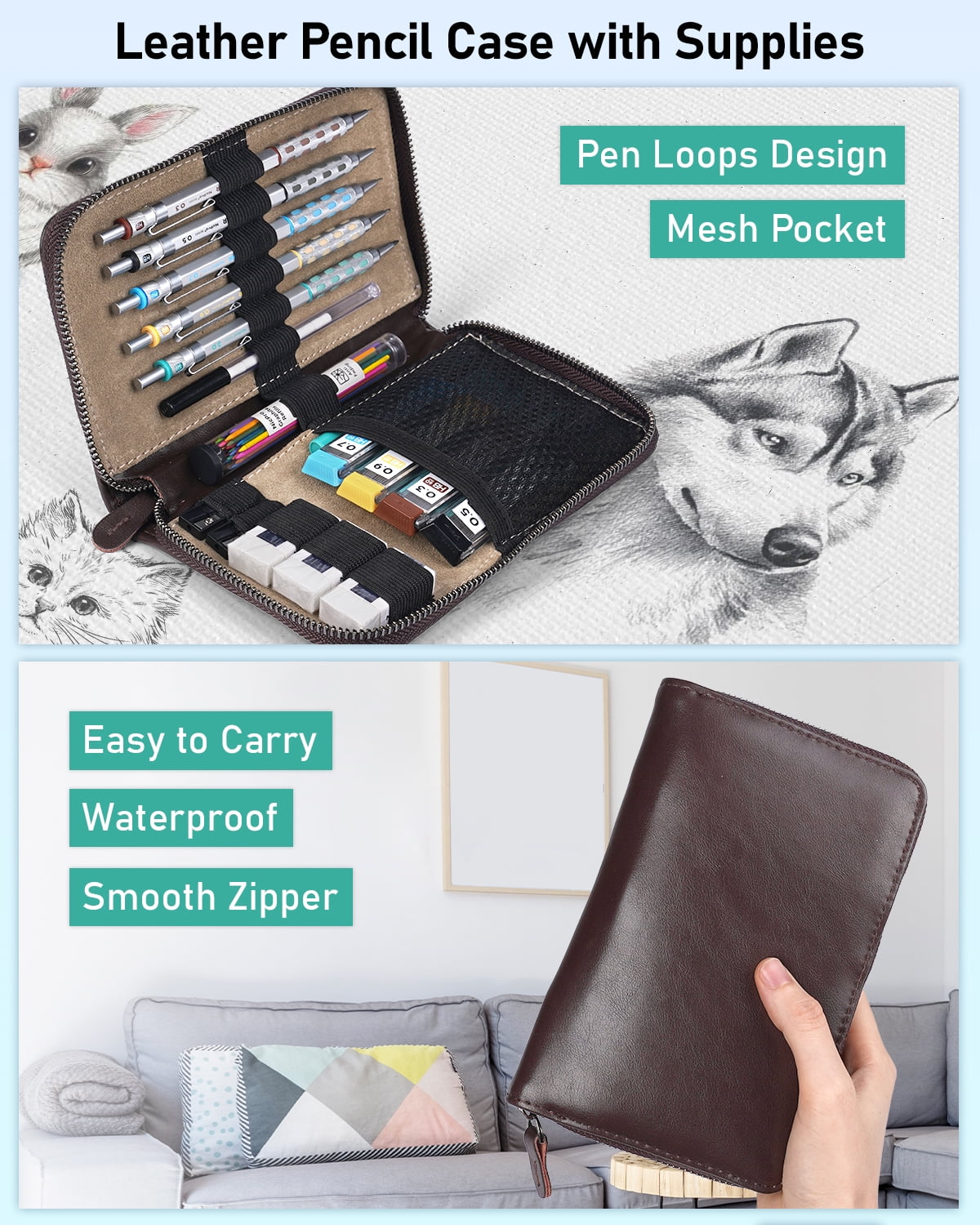 Nicpro 29Pcs Mechanical Pencil Set, 0.3-2mm Lead with 330 Refills, Metal Gear Design, Leather Case for Drawing & Writing