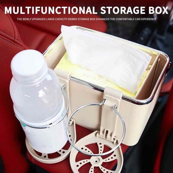 FeiFu Car Console Organizer Box with Cup Holders and Dividers,Armrest Storage for Phones, Tissues and Sunglasses, Non-Slip Base for Seat Side or Backseat Use Beige
