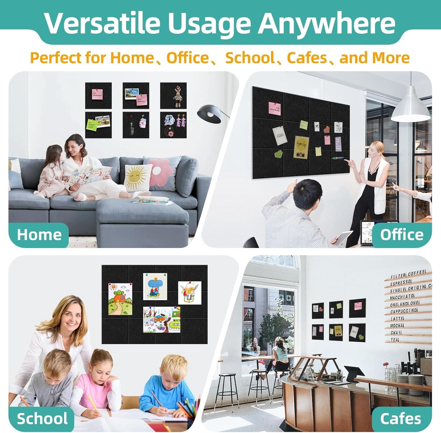 Topboutique Large Cork Board 12 Pack Felt Wall Tiles Black Bulletin Board with Self-Adhesive Stickers&Pushpins Square Pin Board for Office Home Walls-Black,12" x 12"