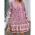thumbnail image 3 of Women Casual Spring Summer Dresses V Neck 3/4 Long Sleeve Floral Flowy Boho Babydoll Mini Short Beach Dress Pink L, 3 of 8
