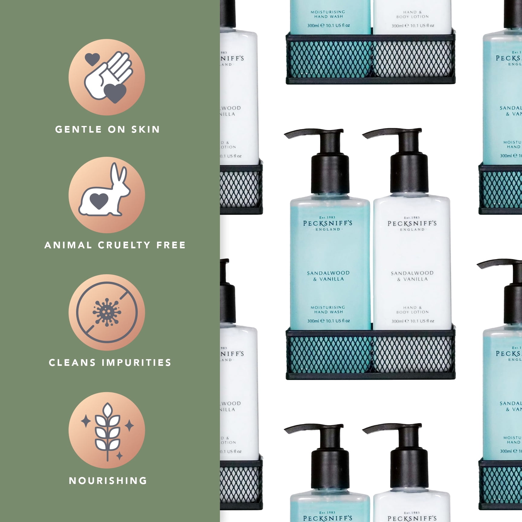 Pecksniffs Sandalwood and Vanilla Moisturizing Hand Wash and Hand Lotion in a Black Mesh Caddy | 300ml/10.14 Fl oz
