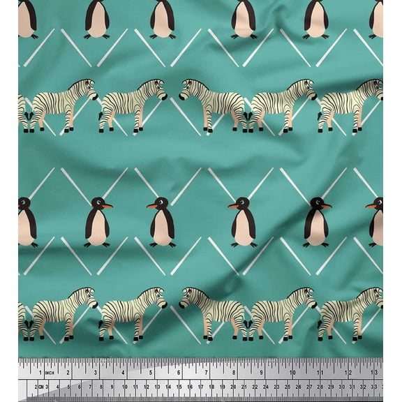 Soimoi Blue Cotton Duck Fabric Penguin & Stripe Animal Printed Fabric 1 Yard 42 Inch Wide