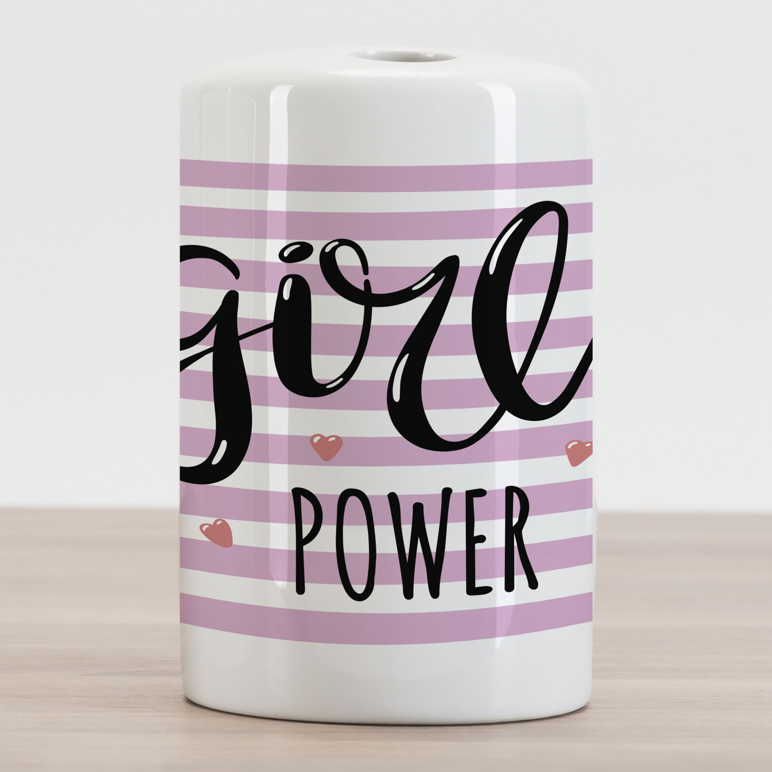 Lettering Ceramic Toothbrush Holder, Girl Power Striped Hearts Teen Motivation Feminism Strong Words, Decorative Versatile Countertop for Bathroom, 4.5" X 2.7", Pale Pink Charcoal Grey - image 2 of 4