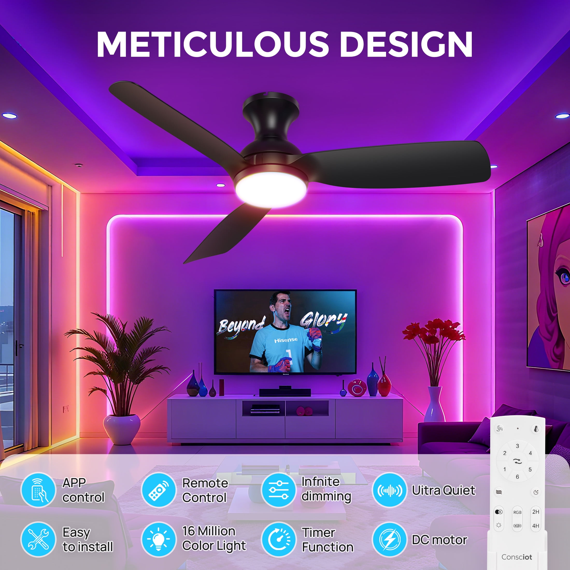 Consciot Smart 44-inch Ceiling Fan with Light, Matter Enabled, Google/Alexa/Apple Home Voice Control, Quiet DC Motor, 6-Speed, Flush Mount for Low Ceilings, Remote & App Control, Easy Installation