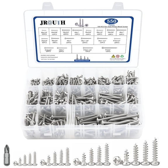JROUTH 550Pcs Stainless Steel Wood Screws Assortment Kit, Philips Pan Head Sheet Metal Screws Self Tapping Screws, #4,#6,#8,#10,#12, Length 1/4" to 2" - Silver