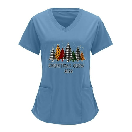 

Christmas Tree Printed Working Uniform Women V Neck Pure Color Christmas Printing Pure Color Short Sleeve Top Overalls Top Scrubs Uniform Nurses