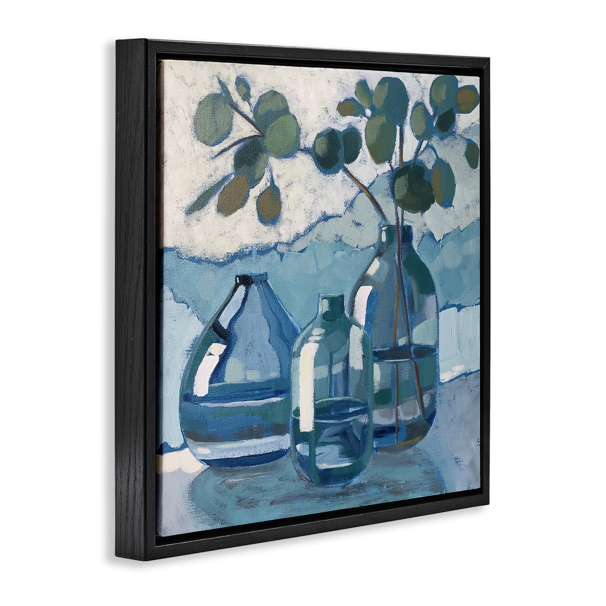 Stupell Industries Soothing Eucalyptus Ikebana Vases Botanical & Floral Painting Black Floater Framed Canvas Art Print Wall Art, 18 x 18
