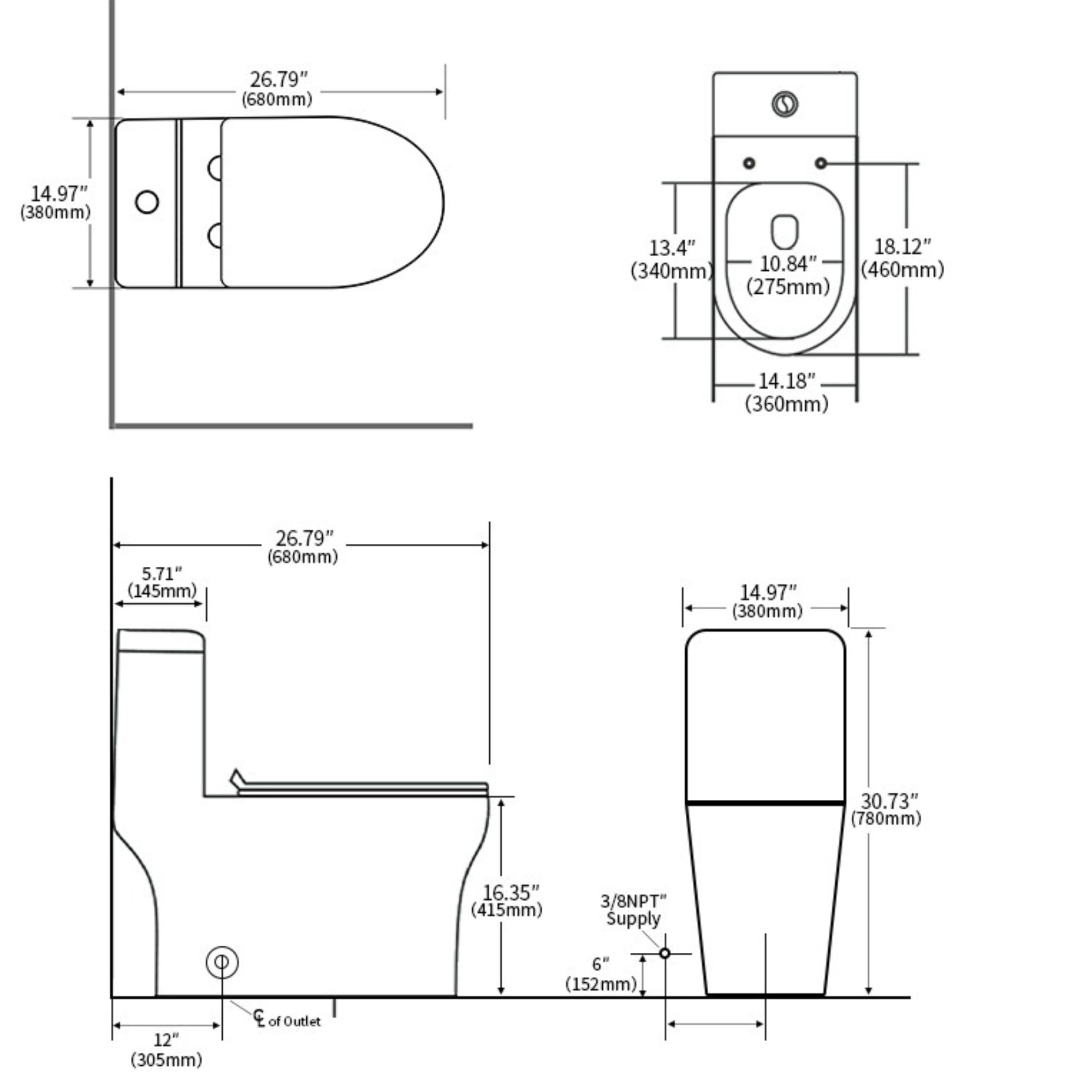 Alvantor One-Piece Toilet 16.3"Height Ceramic Elongated Floor Mounted 1.1/1.6 GPF Toilet White
