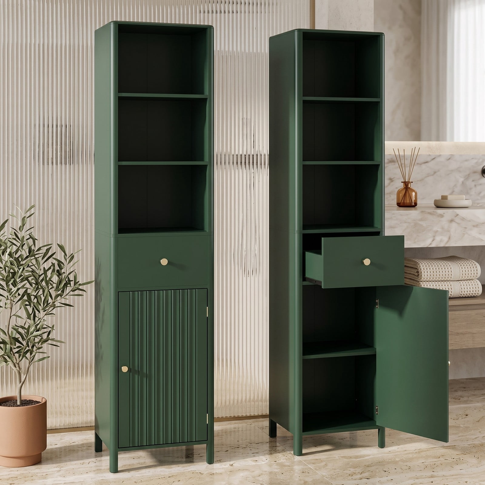 ALPULON 67 Inch Tall Narrow Bathroom Floor Cabinet Freestanding Storage Cabinet with Fluted Door, 3 Open Shelves, Adjustable Shelf and Pull-Out Drawer, Beige and Green