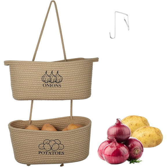2-Tier Potato and Onion Storage, Hanging Vegetable Baskets for Kitchen, Potato Bin Onion Basket Behind the Door Storage with Pothook, Cotton Rope Produce Storage Organizer Bag Decorative