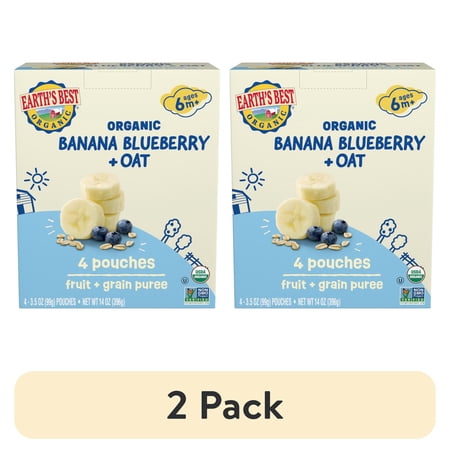 (2 pack) Earth's Best Organic Stage 2 Baby Food, Banana Blueberry Oat Puree, 3.5 oz Pouches (4 Pack)