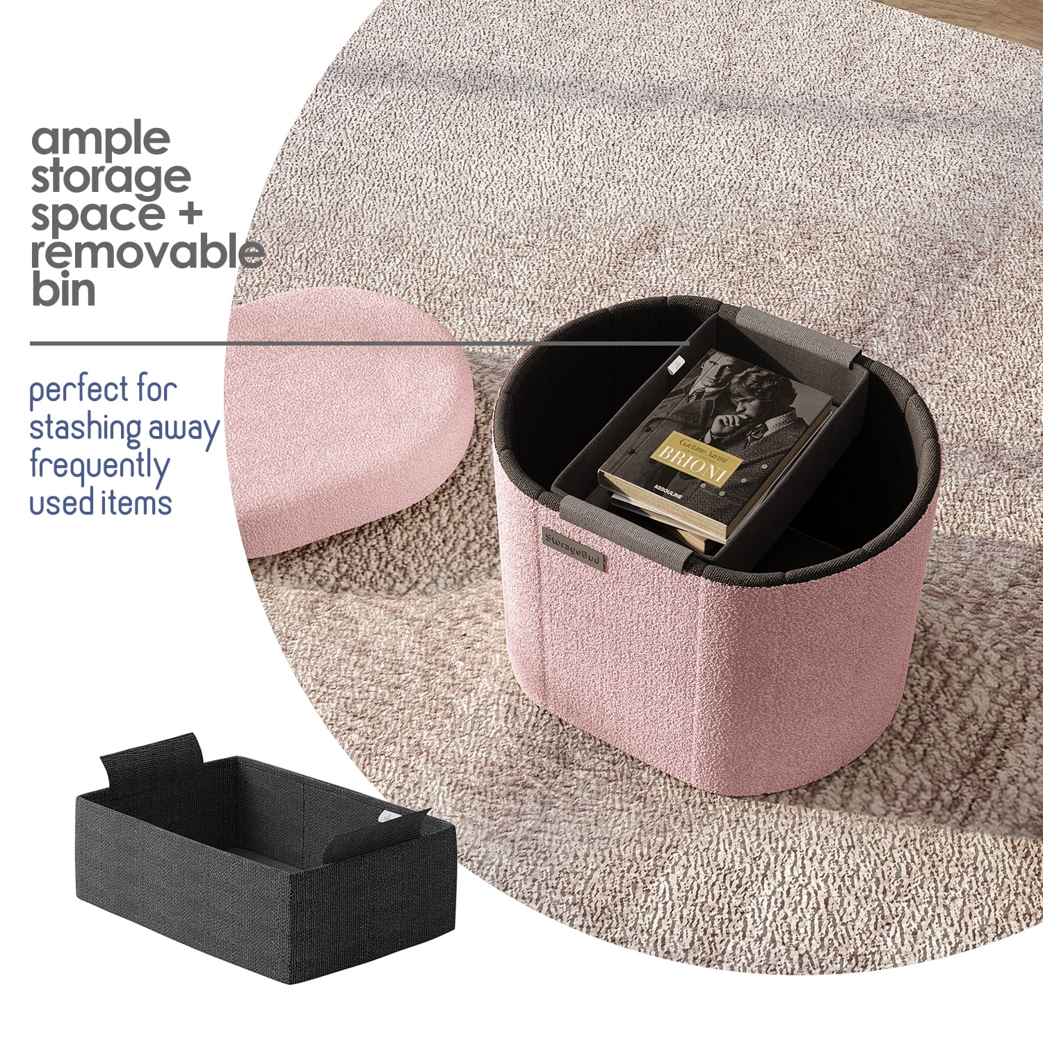 Hearth & Harbor Oval Storage Ottoman Bench, Boucle 16" Ottoman with Storage , Pink
