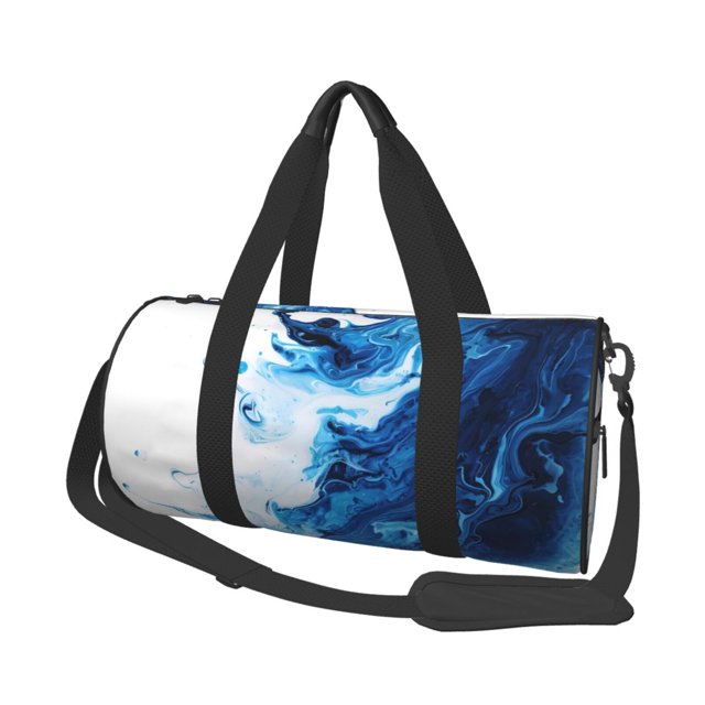 Fotbe Blue White Fluid Art Bolsa Deportiva de Lona Plegable con Estampado, Bolsa de Gimnasio con Bolsillo Seco/Húmedo, Bolsa de Viaje Ultraligera de Gran Capacidad