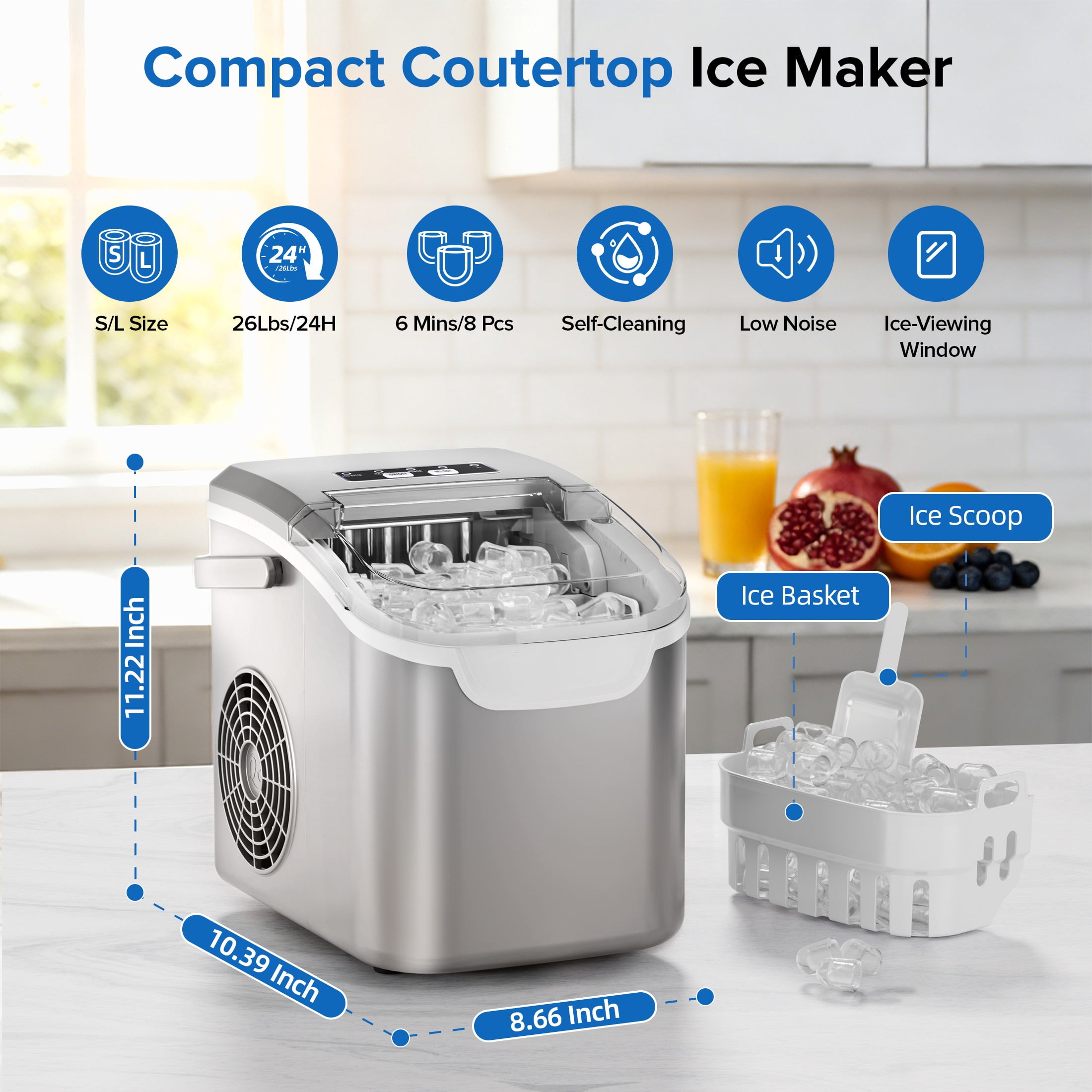Auseo Countertop Ice Maker, 2 Sizes of Bullet Ice, 26Lbs/24H, 8 Ice Cubes in 6 Mins, Portable Ice Machine with Self-Cleaning for Home/Party/Travel/Camping (Grey)