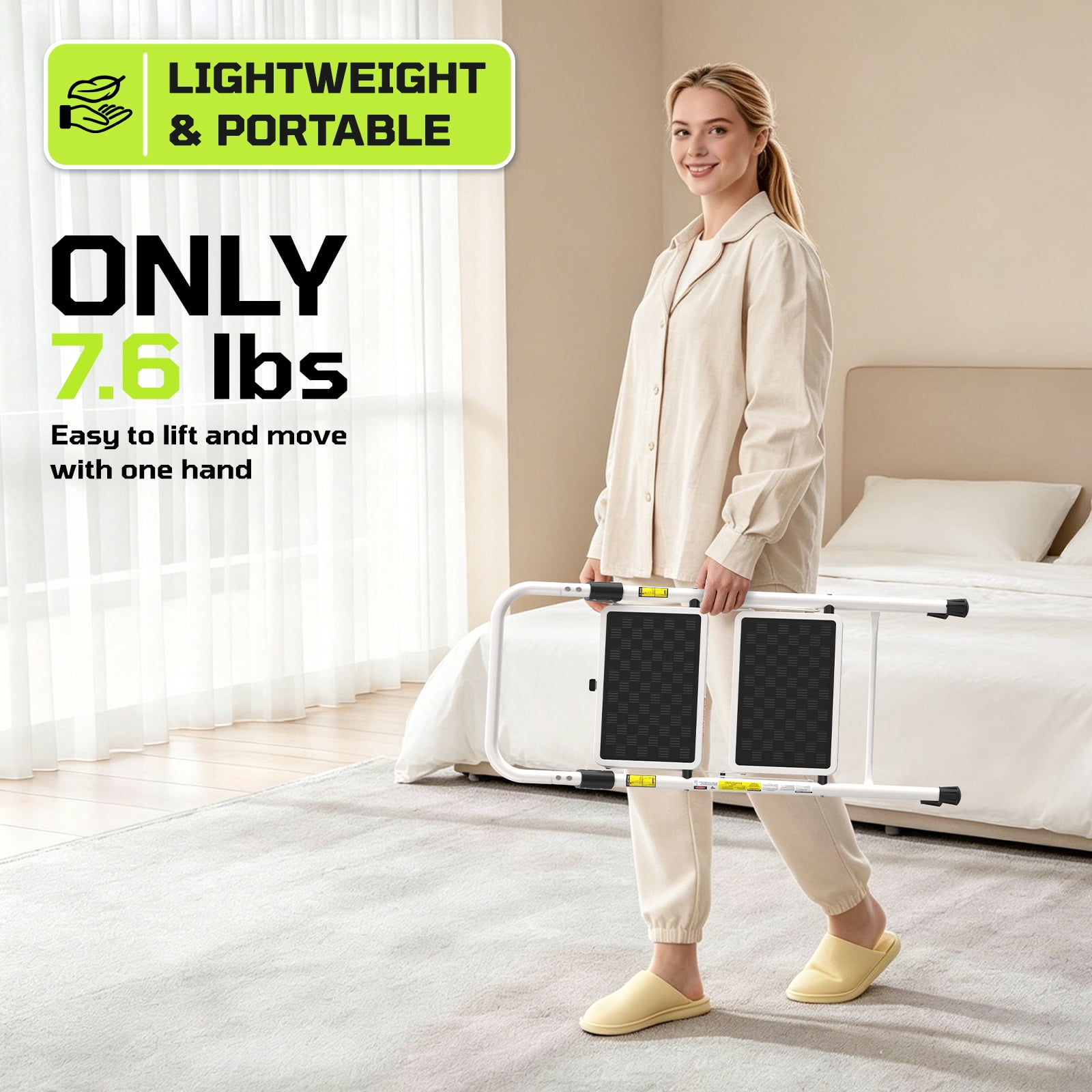 LevLad 2 Step Ladder, Folding Step Stool with Anti-Slip Pedal, Sturdy Steel Ladder, Convenient Handrail, Lightweight, Portable, White