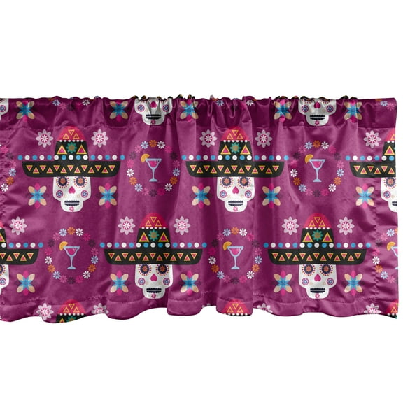 Ambesonne Cinco de Mayo Valance Pack of 2, Sugar Skull Sombrero, 54"X12", Dark Magenta Multicolor