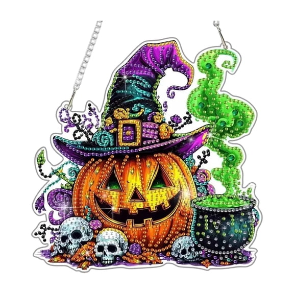 Halloween Diamond Art Hanging Pendant, Pumpkin and Skull Diamond Art Painting Window Pendants, Special Shaped Rhinestone, Gem Art Suncatchers Painting Window Ornament for Home Garden Wall Decor