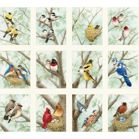 Beautiful Birds 23-inch Panel from Elizabeth's Studios, Realistic Illustrations by Tracey Lizotte