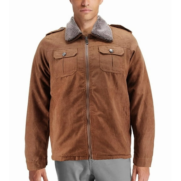 Men’s Removable Sherpa Collar Classic Full Zipper Microsuede Trucker Jacket (Brown, M)