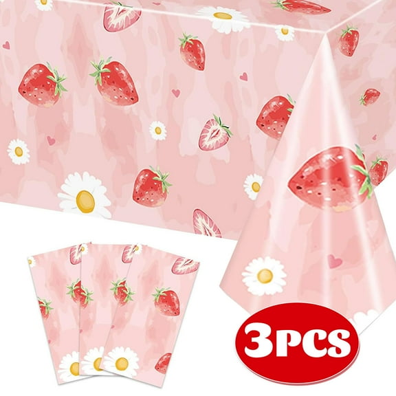 Strawberry Tablecloth Pink Birthday Party Decorations Disposable Table Covers for Strawberry Shortcake Party Supplies 54 x 108 in 3-Pack Design 1