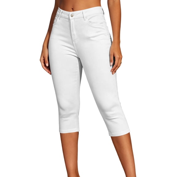 ZKunhua Women's High Waisted Slim Fit Capri Pants Button Casual Everyday Stretch Solid Color Classic Cropped Dress Pants (White,XL)