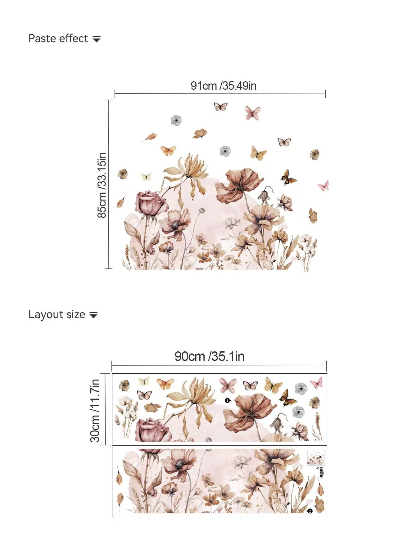 Boho Flower Wall Decals Garden Floral Butterflies Wildflower Wall Stickers Removable Self-Adhesive Vinyl Wall Clings for Living Room Bedroom Sofa TV Background Wall Art Decor
