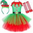 thumbnail image 4 of Disfraz de elfo navideño para niñas, conjunto de ropa navideña elegante para niños, vestido de tul con tutú de malla verde y rojo para fiesta de Navidad para niños, con gorro y calcetines, 4 of 5