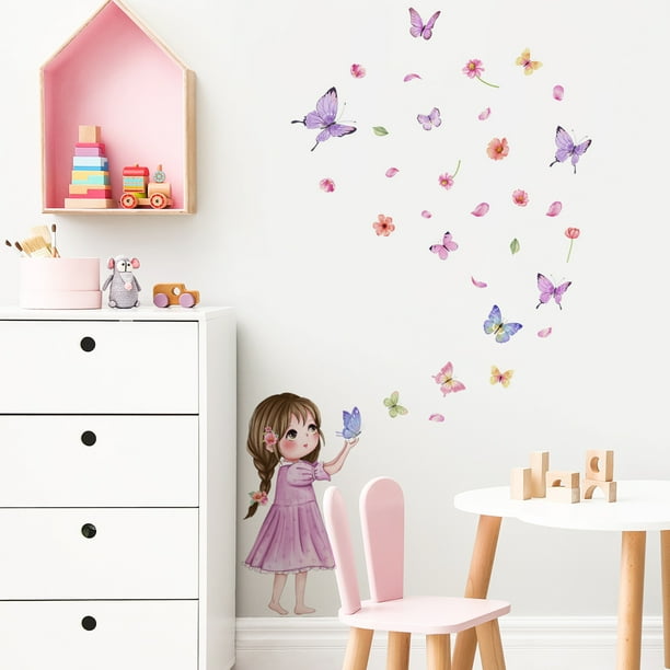 Un conjunto de calcomanías de pared de flores de mariposas para niñas, calcomanías de pared, calcomanías extraíbles para decoración del hogar, decoración de pared del dormitorio TUNC Sencillez