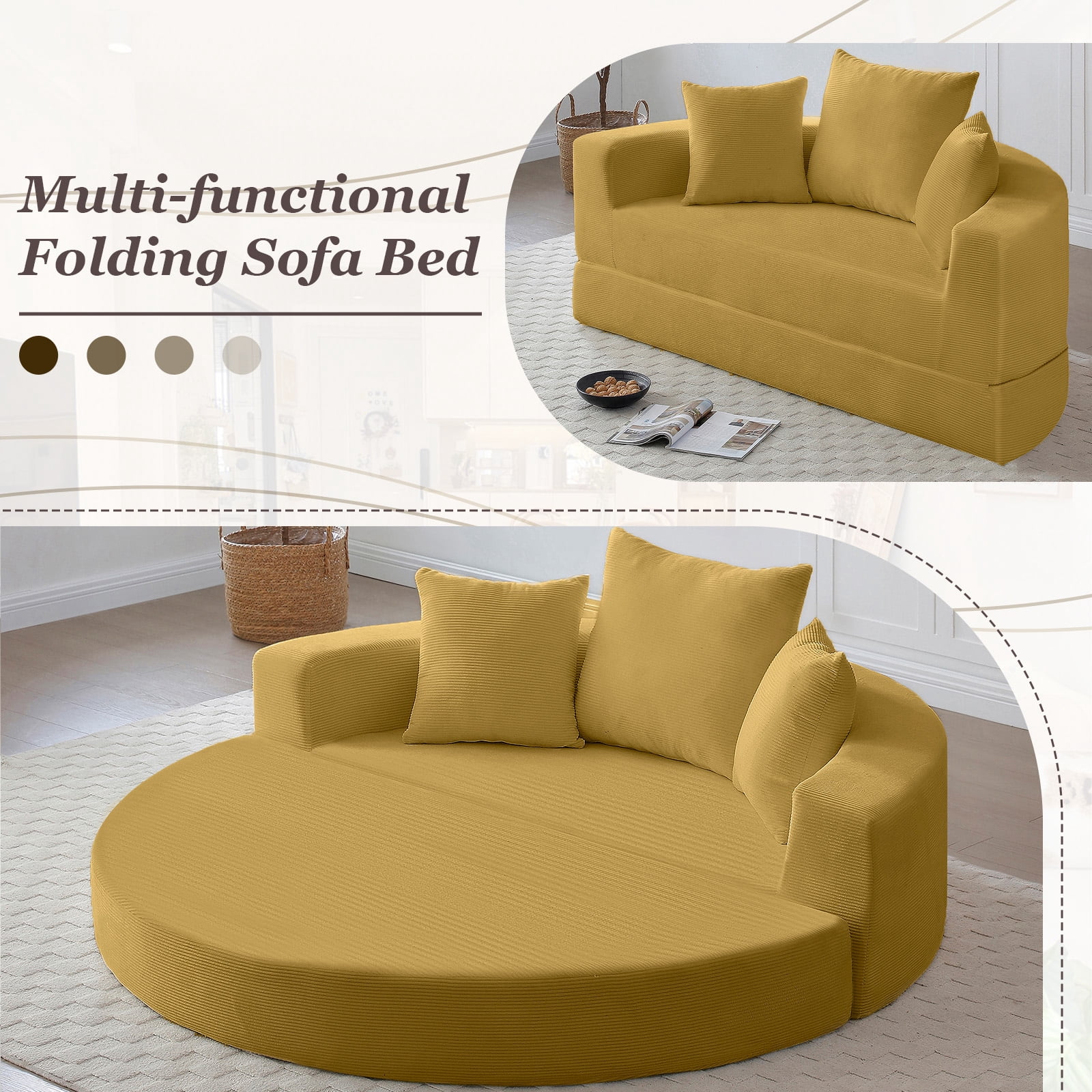 MOONMISS Convertible Sofa Couch Bed,Multi-Functional,Circular Bed,Adjustable Futon Sofa For Apartment Office Bedroom Living Room,Yellow