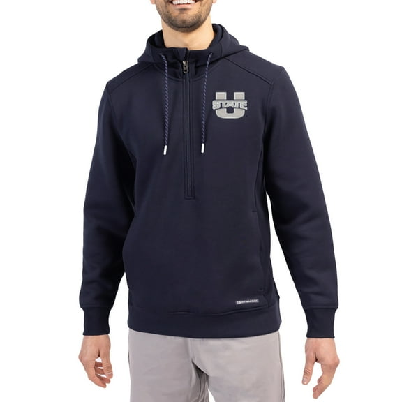 Men's-Cutter & Buck Navy Utah State Aggies Roam Eco Recycled Half-Zip Pullover Hoodie