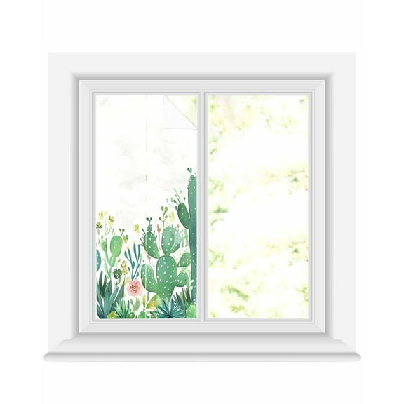 Window Privacy Film Tropical Cactus Stained Glass Window Film Decorative Sun Block Window Cover Summer Green Botanical Window Clings Static Adhesive Sticker for Bathroom 19.6"x39.3"