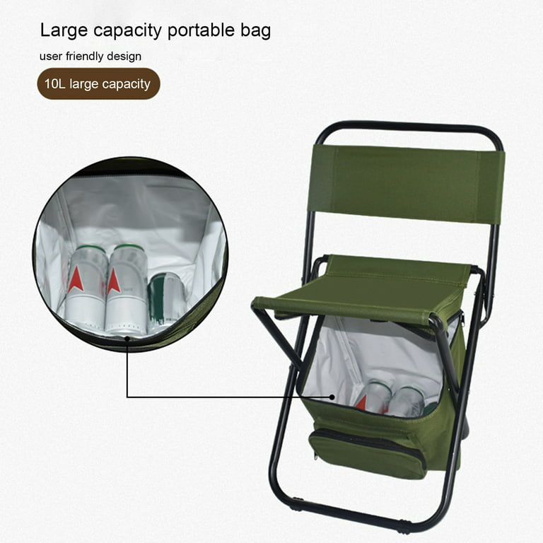 OAVQHLG3B Outdoor Folding Chair With Cooler Bag Compact Fishing Stool  Fishing Chair With Double Oxford Cloth Cooler Bag For  Fishing/Beach/Camping/Family/Outing 