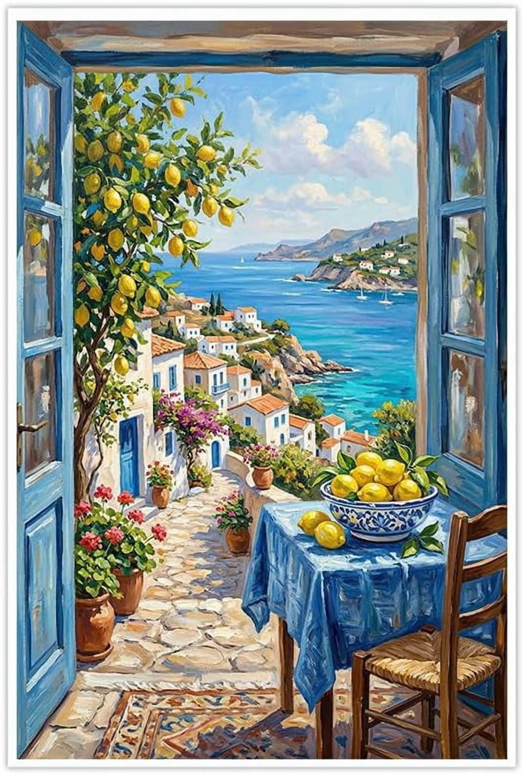 Mediterranean Canvas Wall Art Print Lemon Tree Seascape Painting