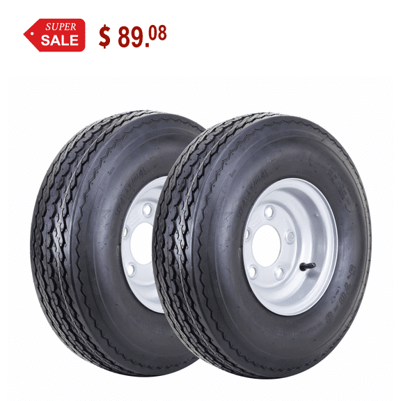 WANDA Trailer Tire Wheel Assembly 5.70-8 6-Ply C 77M w/ 5 Lugs on 4.5" PCD Silver Rim Installed ,SET 2