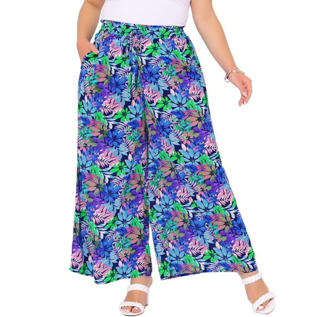 Pantalones Palazzo de Mujer Plus Size con Estampado Floral y Pierna Ancha Agnes Orinda, con Cintura Frontal y Bolsillos, Talla 3X, Color Azul Oscuro y Púrpura