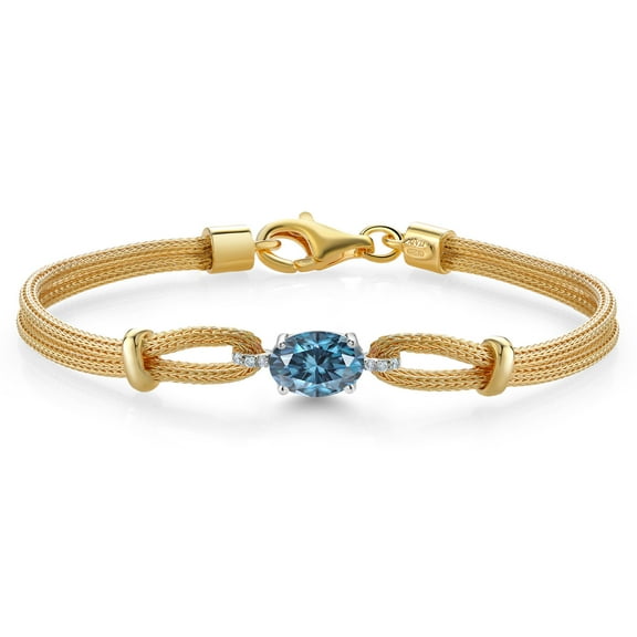 Gem Stone King 925 Two Tone Sterling Silver Persian Blue Moissanite and White Lab Grown Diamond Bracelet for Women (1.42 Cttw, Gemstone, Oval 8X6MM, 6.5/7/7.5 inches, Made in Italy)