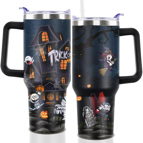 40oz Halloween Tumbler with Lid and Straw, Black Trick Halloween Cups, Spooky Halloween Travel Coffee Cup with Handle for Birthday Party Gifts