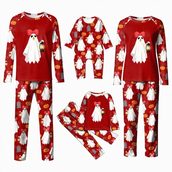 Family Matching Halloween Pajamas Set Cute Ghost Print Long-Sleeved Tops Trousers Sleepwear Outfits Holiday Sleepwear PJs