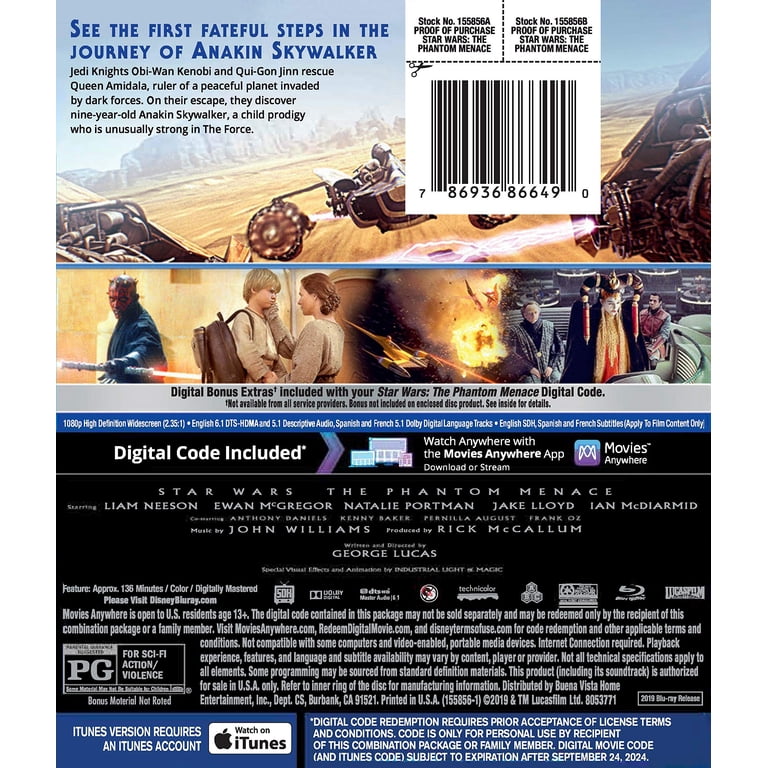 Star Wars: Episode I: The Phantom Menace (Blu-ray + Digital Code