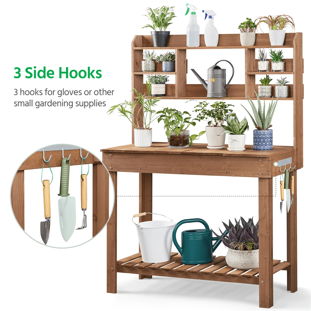 Renwick Potting Bench Table with Display Rack/ Storage Shelf/ Hanger, Brown
