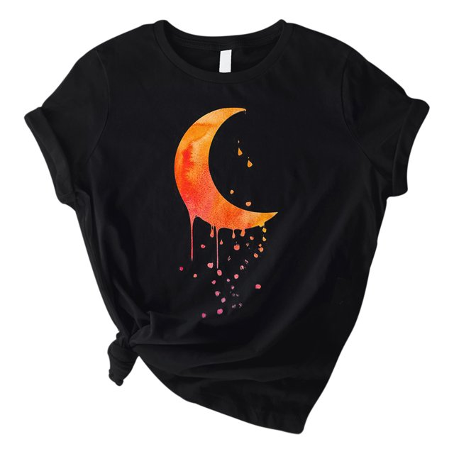 Pompotops Mode Femmes Lune Imprimé Col Rond T-Shirt Manches Courtes Casual Tee Tops