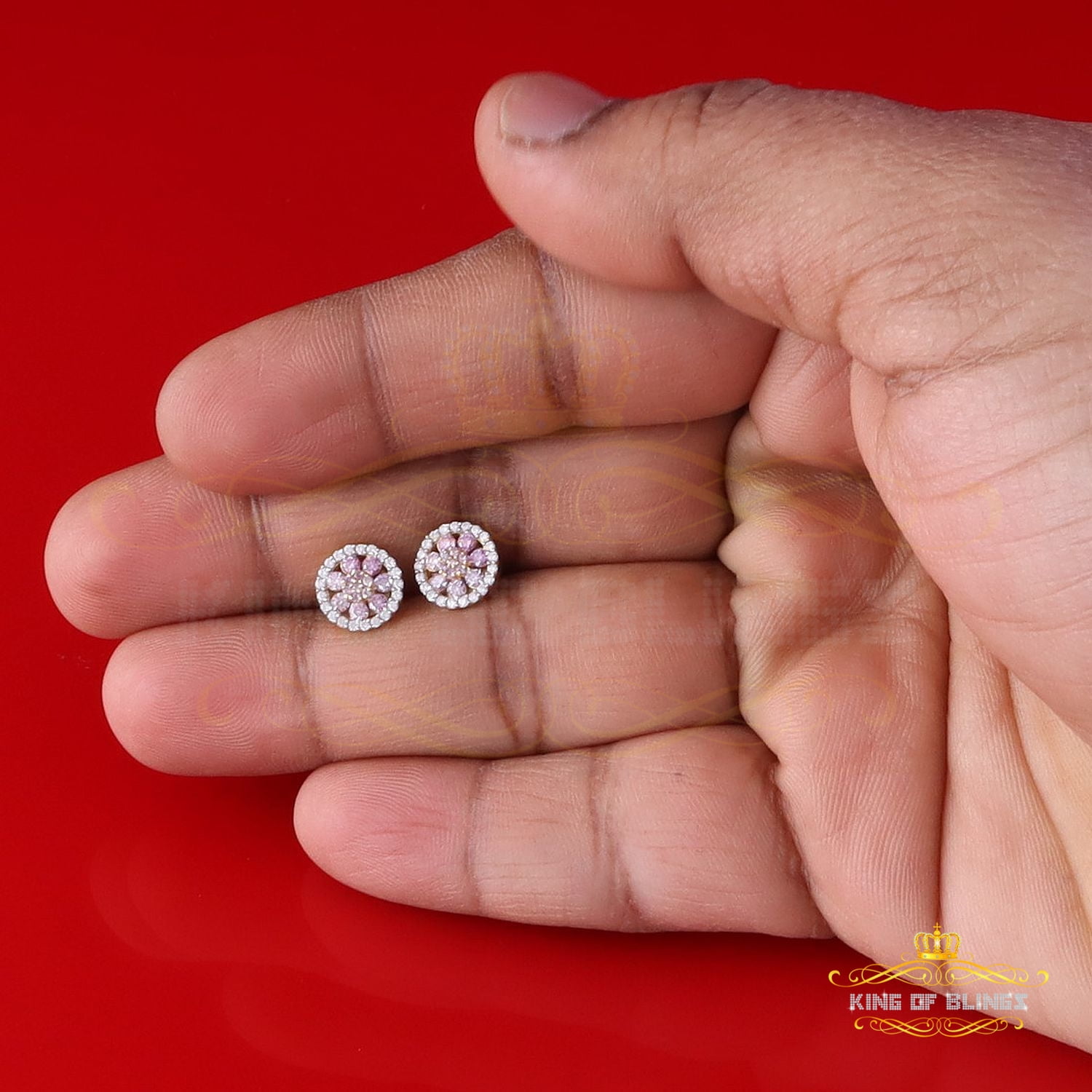 King of Bling's New 925 Silver Yellow 0.66ct VVS D Pink Moissanite Round Women's Stud Earrings