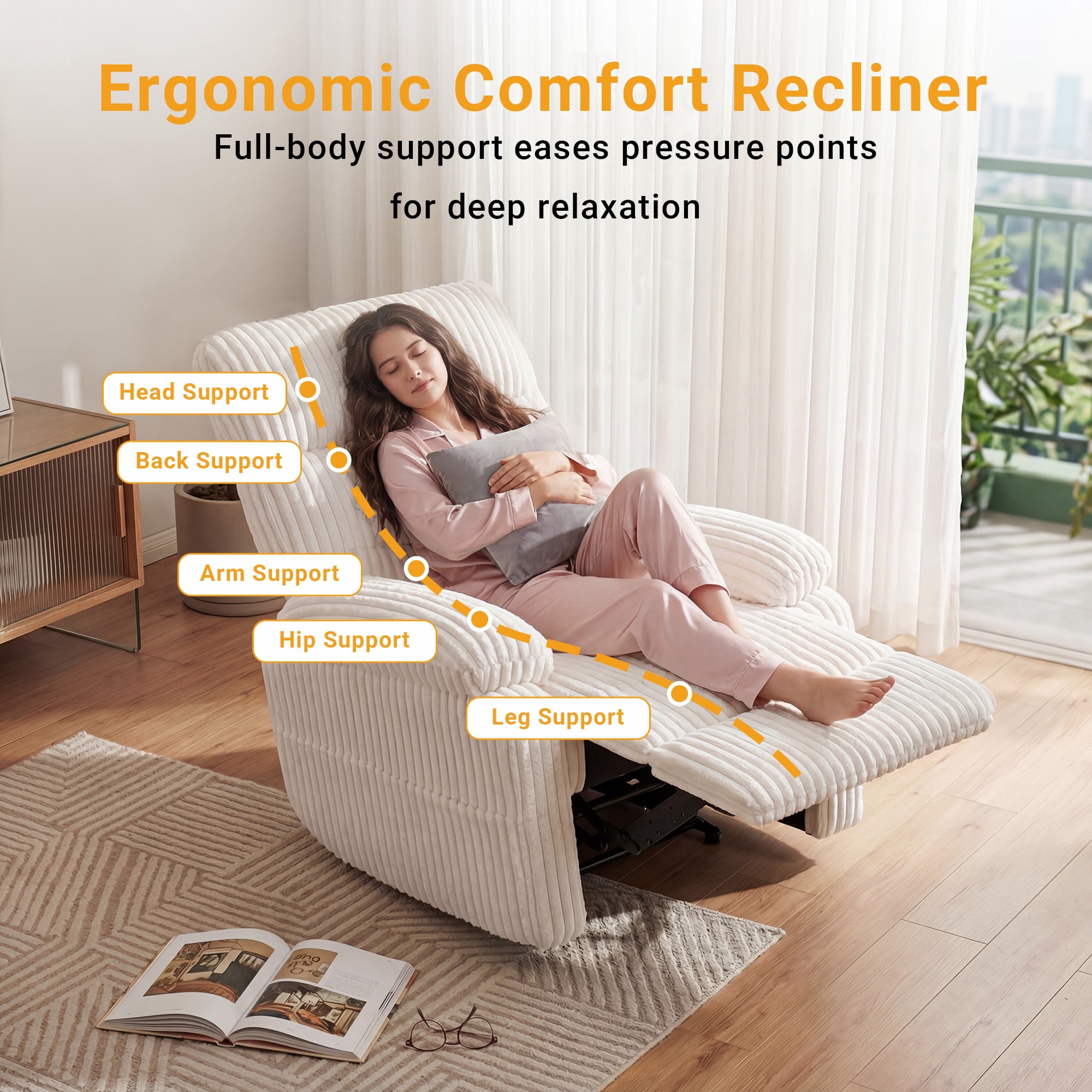 INNOVAR Recliner Sofa for Adults, Zero Gravity Power Reclining Chair, Oversized Electric Recliners Elderly Chair W/Storage Pockets for Home Living Room,Corduroy,White