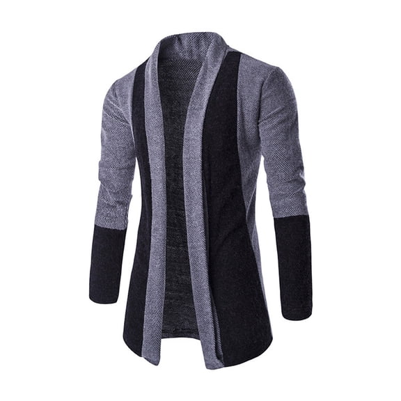 IROINNID Men's Sweater Round Neck Long Sleeve Open Front Mid-Length Contrast Color Knit Patchwork Sweater Lapel slim Top Sweater Coat