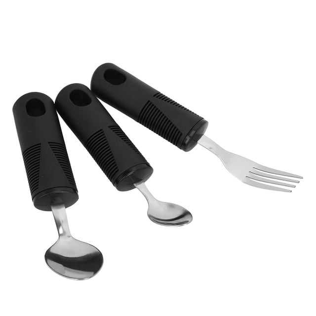Utensilios adaptativos, acero inoxidable 3 piezas agujeros colgantes holessonsons utensilios no lis ondulados anti shaking para ancianos