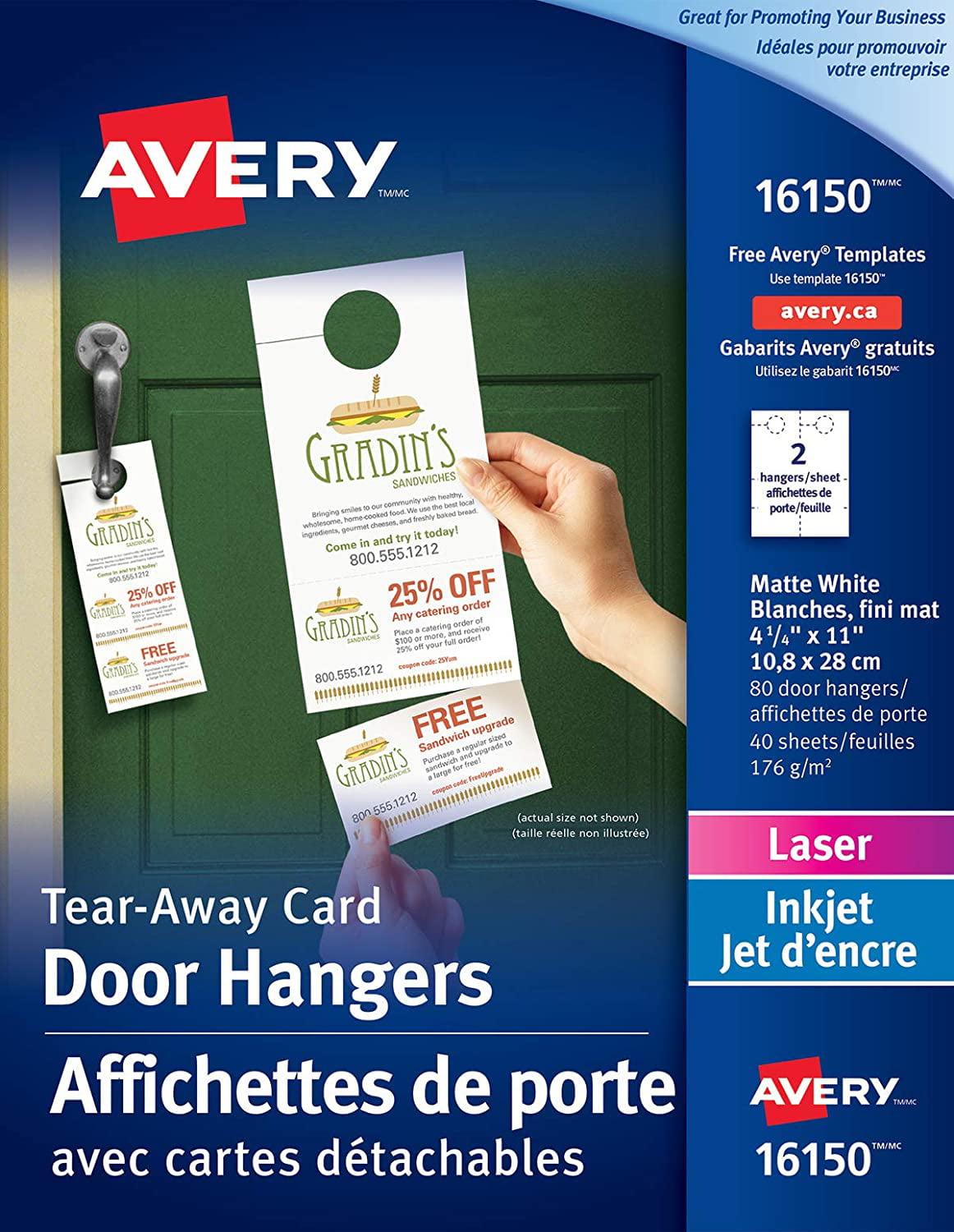 80 Pack Avery Door Hangers with Tear Away Cards for Laser and Inkjet Printers Matte Coated White 4-1/4 x 11 16150