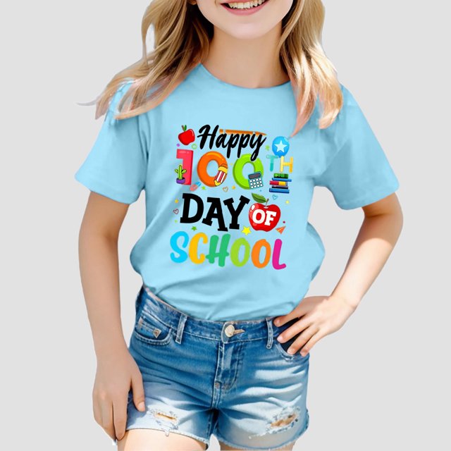 iTNHFP Hauts pour Filles T-Shirt Décontracté à Manches Courtes Col Rond Imprimé Mode 100 Jours Saison Scolaire